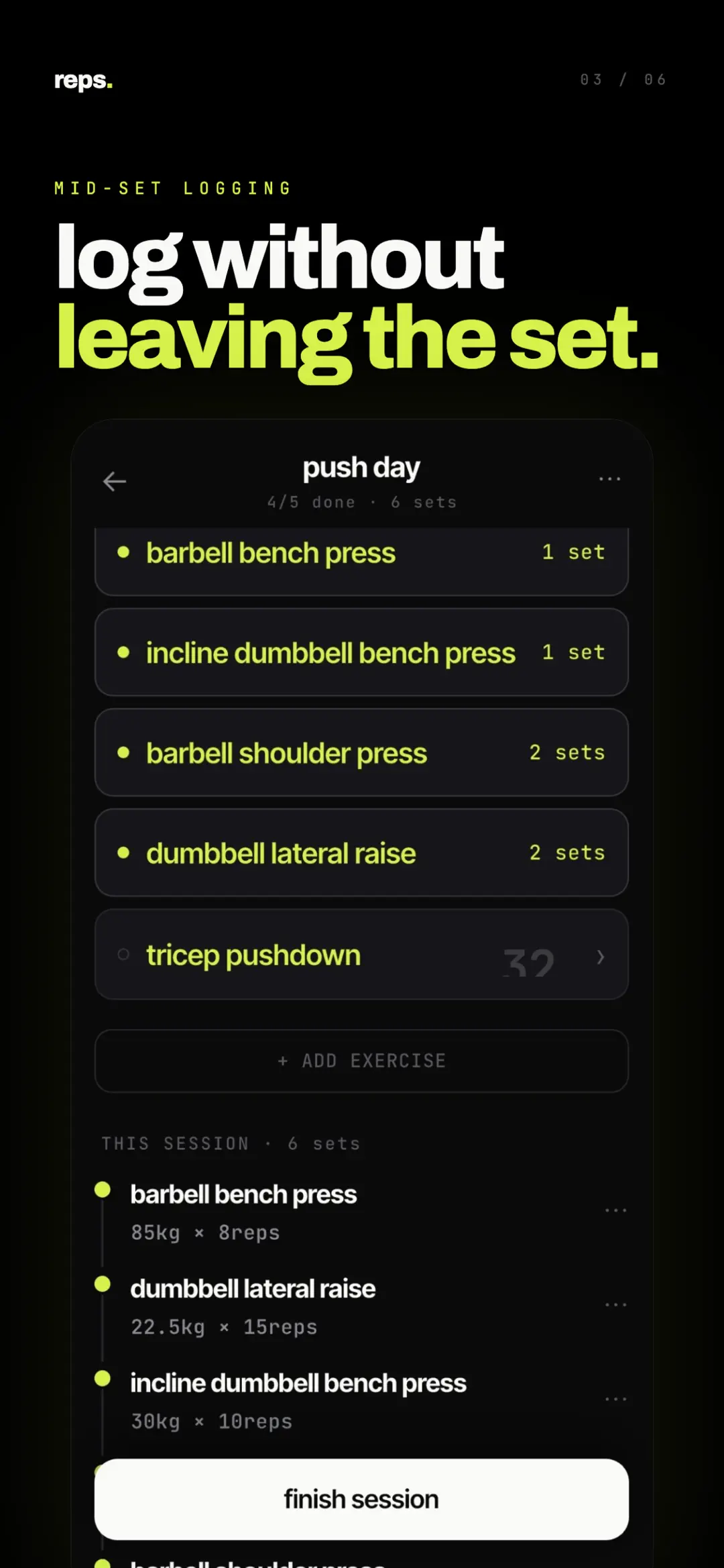 A push day in progress: exercise list with every set logged underneath